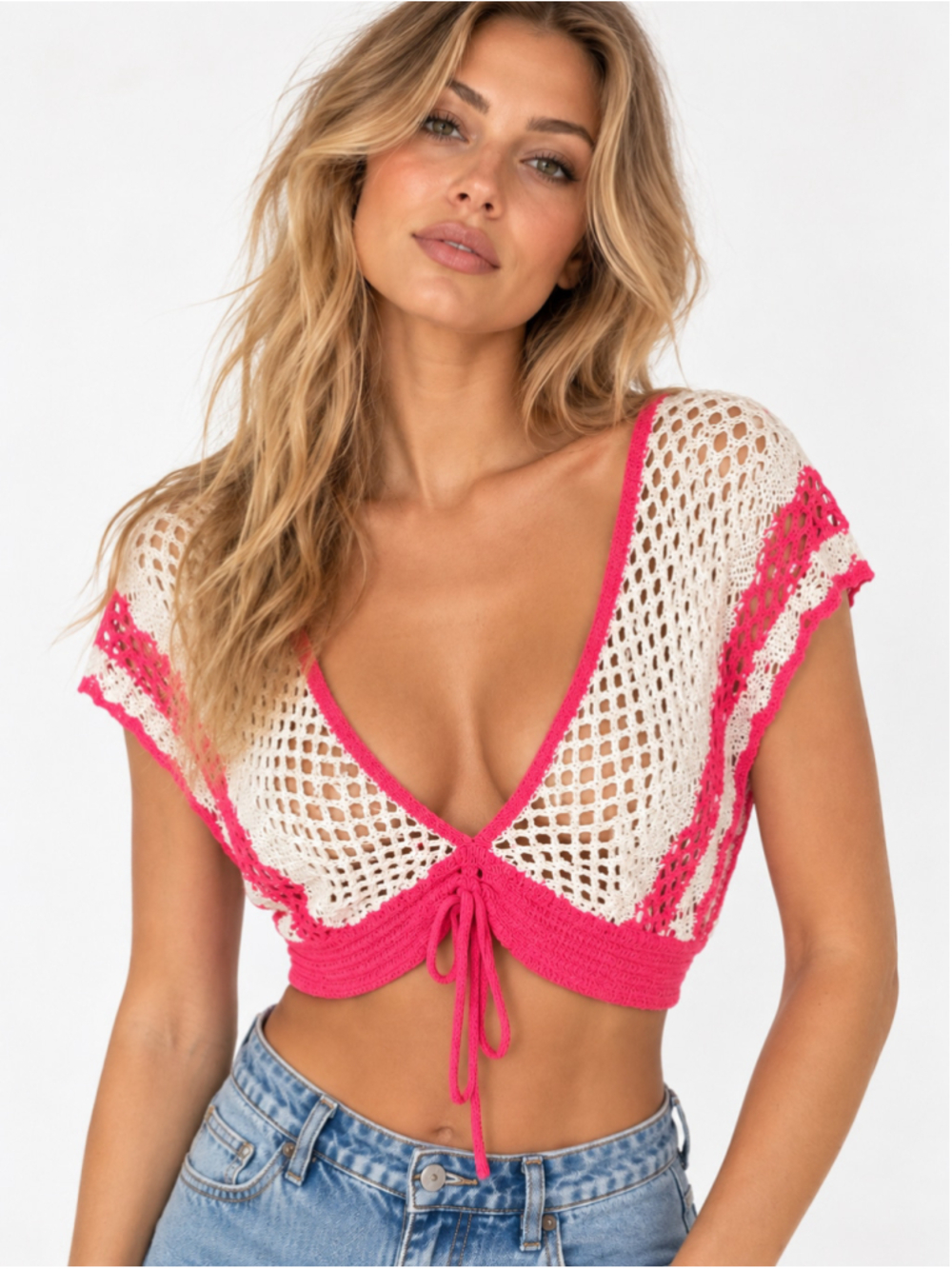 Crochet Bralette Crop Top Open Knit Pink White Tie Front Festival Y2K Coastal S
